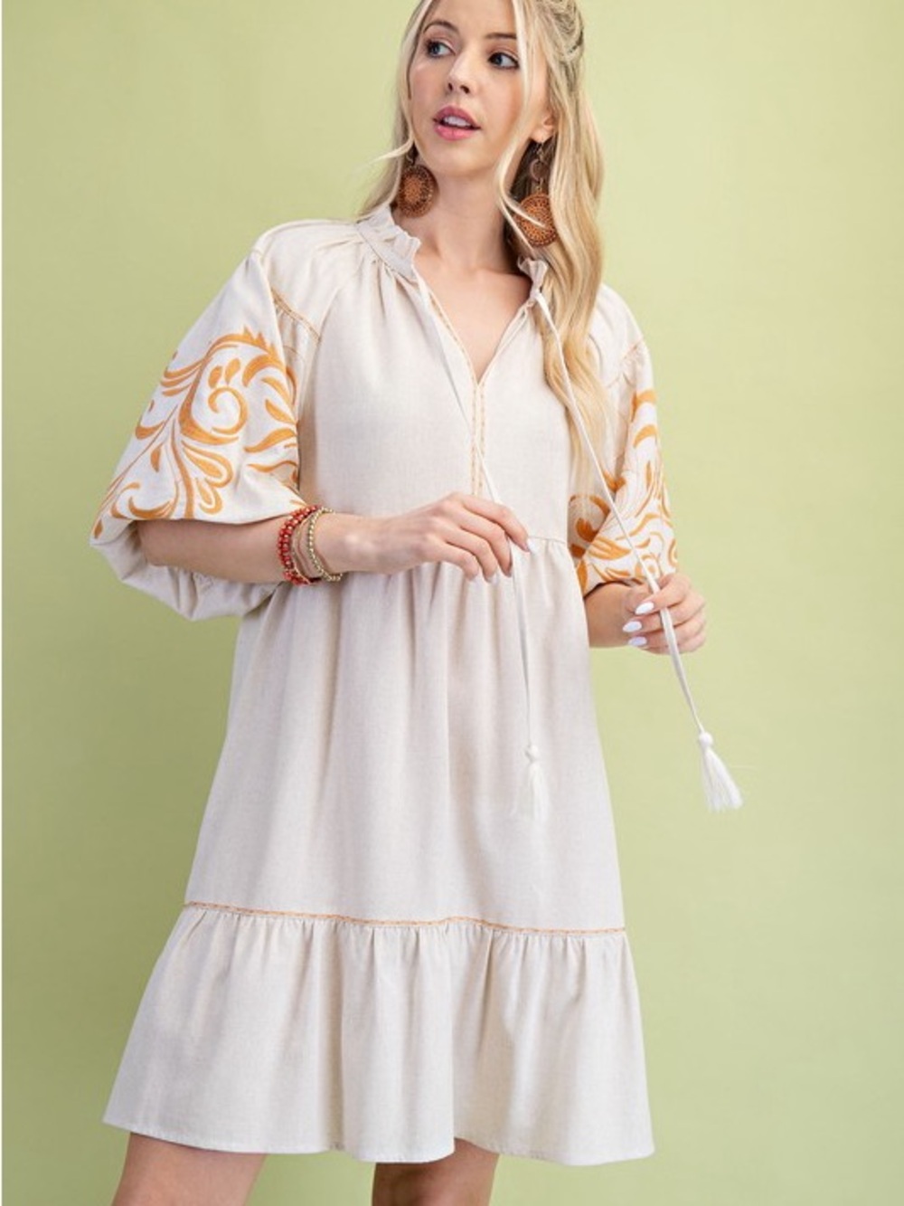Boutique Linen Blend Embroidered Puff Sleeve Dress – Oatmeal